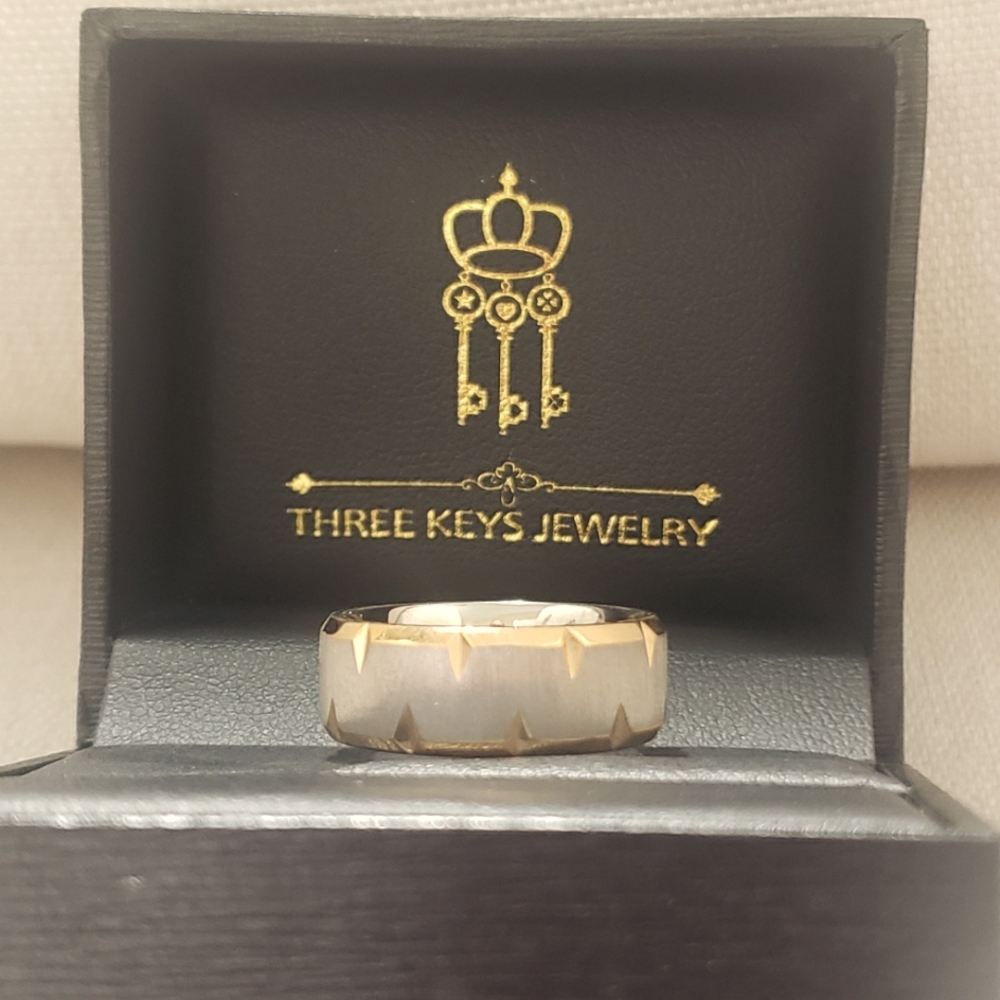 Three Keys Jewelry Mens Titanium Ring Brushed Cntr. Notched Edge Rose Gold. 8.5
